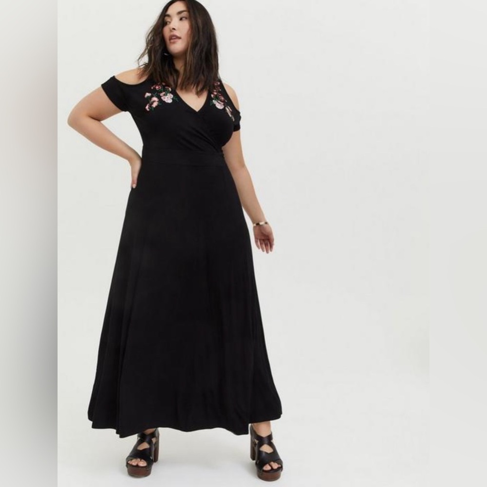 Black maxi dress with embroidered flowers. Torrid size 1x.